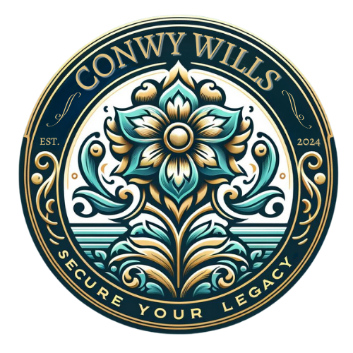 Turqouise and gold flower, with Conwy Wills at the top and Secure your Legacy at the bottom