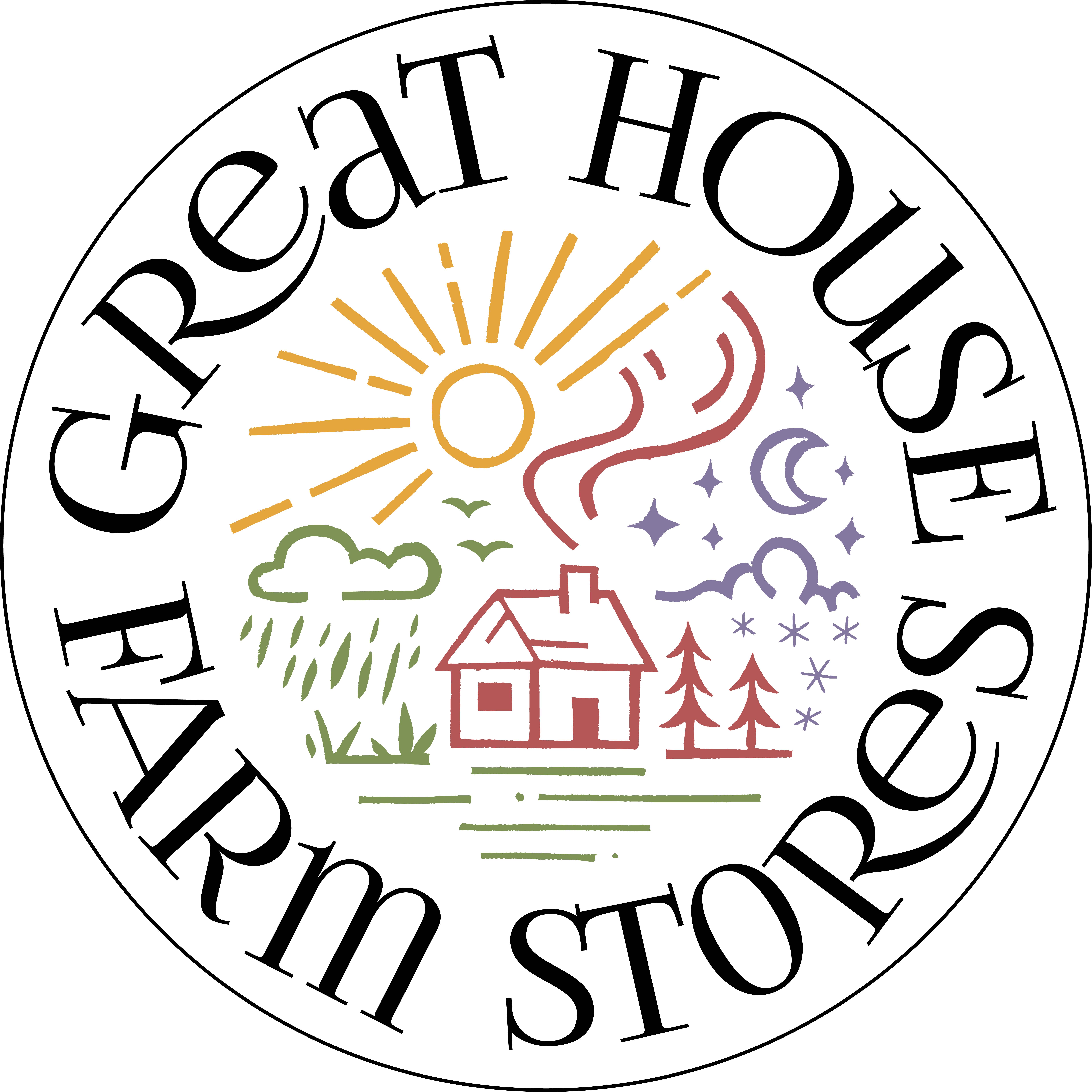 Great House Farm Stores round logo depicting a stylised lino cut print of a farm in all four seasons