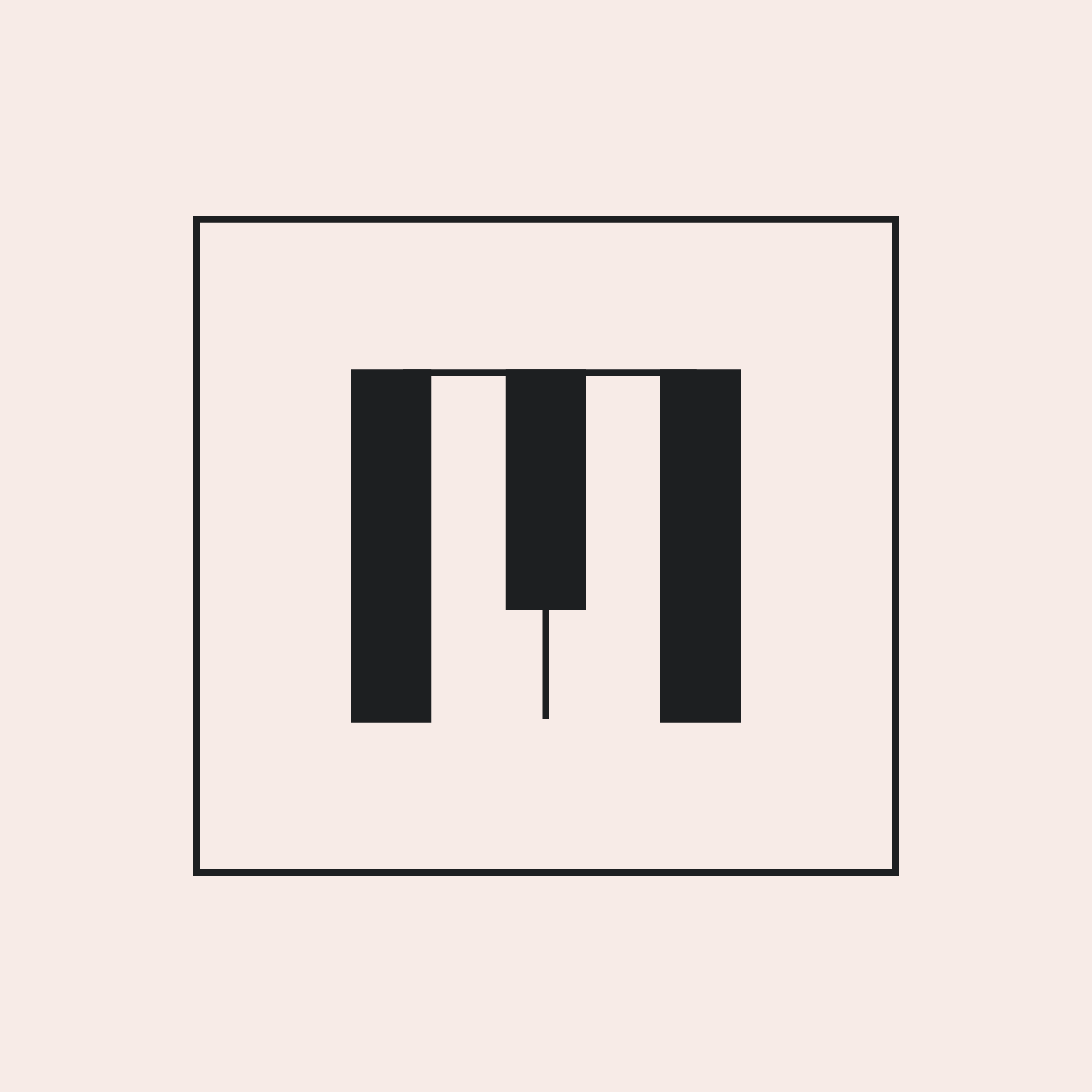 A black M that resembles piano keys on a cream background surrounded by a box