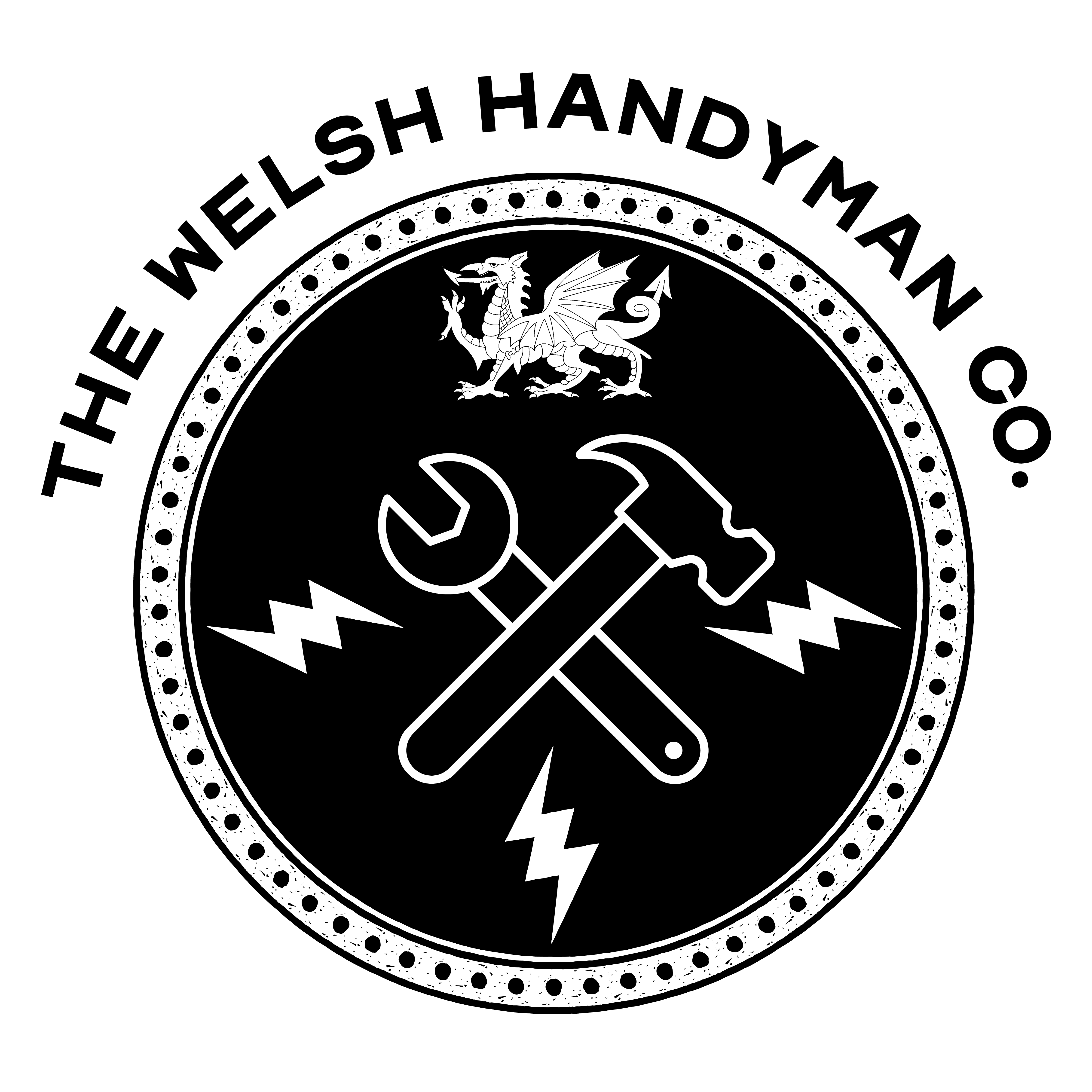 Welsh Handyman Company logo, highlighting a black background ship's crest, with a Welsh dragon, electrical bolts and a hammer and spanner in the centre.