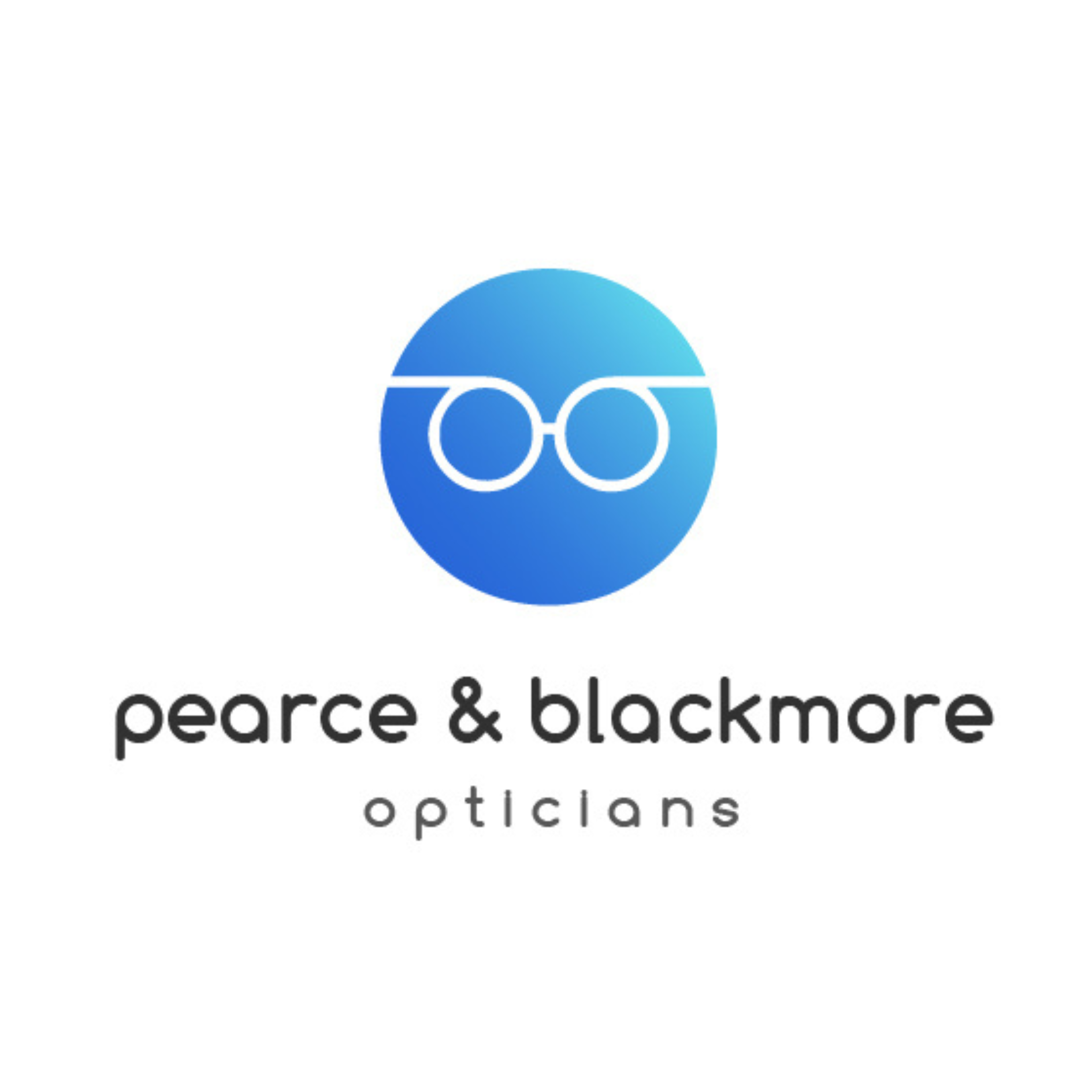 A blue circle with a pair of white spectacles with the words Pearce & Blackmore Opticians underneath.