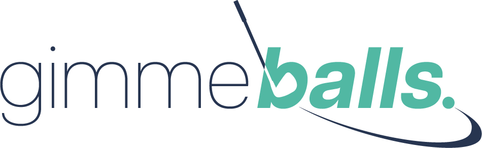 logo of gimmeballs company reading 'gimmeballs' blue and green font with a golf club