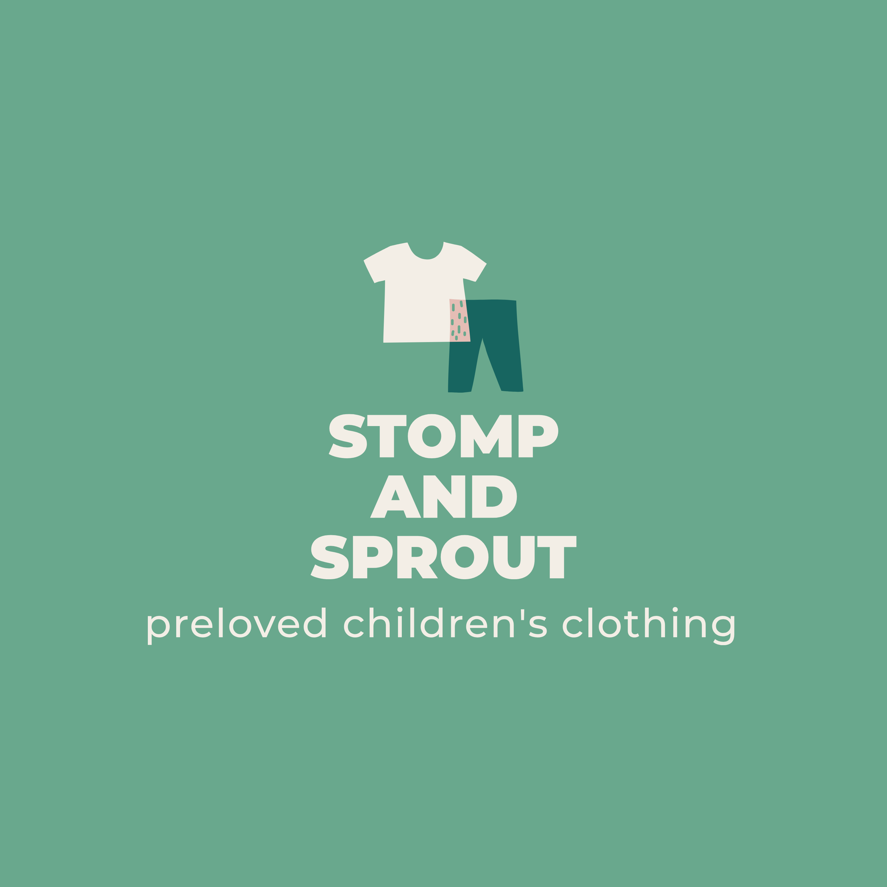 Image of a t shirt and pair of trousers, accompanied by the text: Stomp and Sprout preloved children's clothing