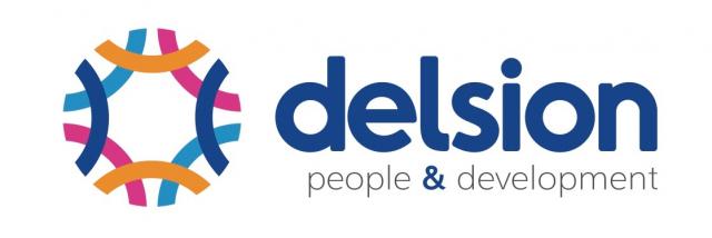 delsion logo in blue font with people and development in grey. Graphic sun made up of semi circles in navy, light blue, gold and light blue