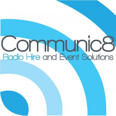 Communic8 Logo - Blue Waves and Black Text