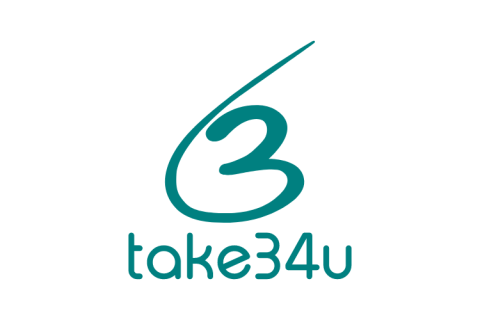 Teal number 3 digit with a long tail pointing up to the right with the following text underneath saying take34u