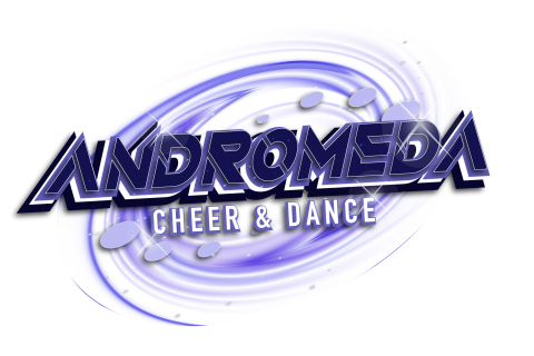 Graphic of a galaxy with the text 'Andromeda Cheer & Dance'