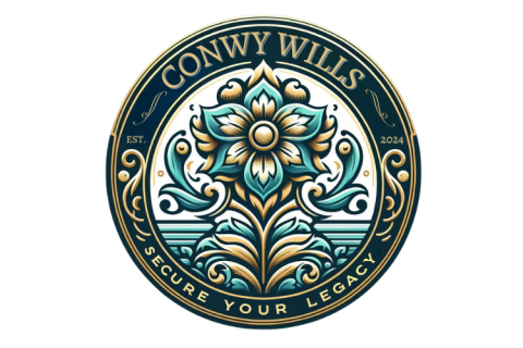 Turqouise and gold flower, with Conwy Wills at the top and Secure your Legacy at the bottom