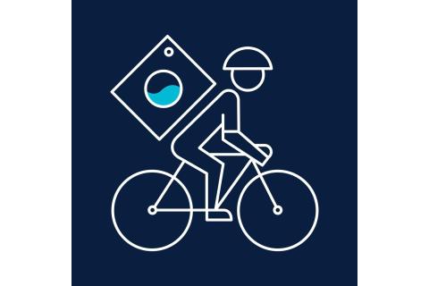 A blue background featuring a cyclist outlined in white, with a washing machine on his back like a backpack