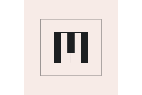 A black M that resembles piano keys on a cream background surrounded by a box