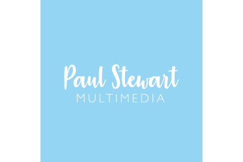 Logo consisting of a light blue square background with white text reading Paul Stewart Multimedia.