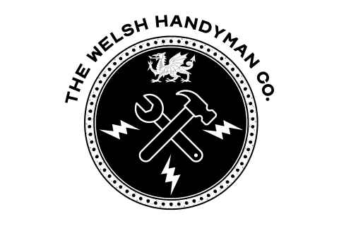 Welsh Handyman Company logo, highlighting a black background ship's crest, with a Welsh dragon, electrical bolts and a hammer and spanner in the centre.