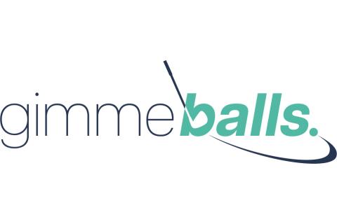 logo of gimmeballs company reading 'gimmeballs' blue and green font with a golf club
