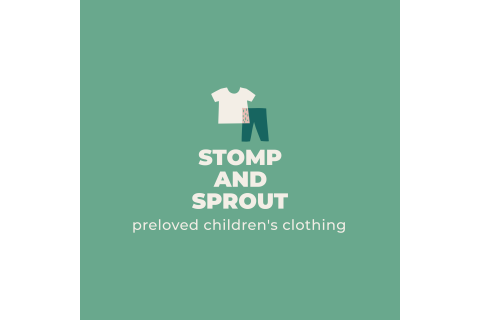 Image of a t shirt and pair of trousers, accompanied by the text: Stomp and Sprout preloved children's clothing