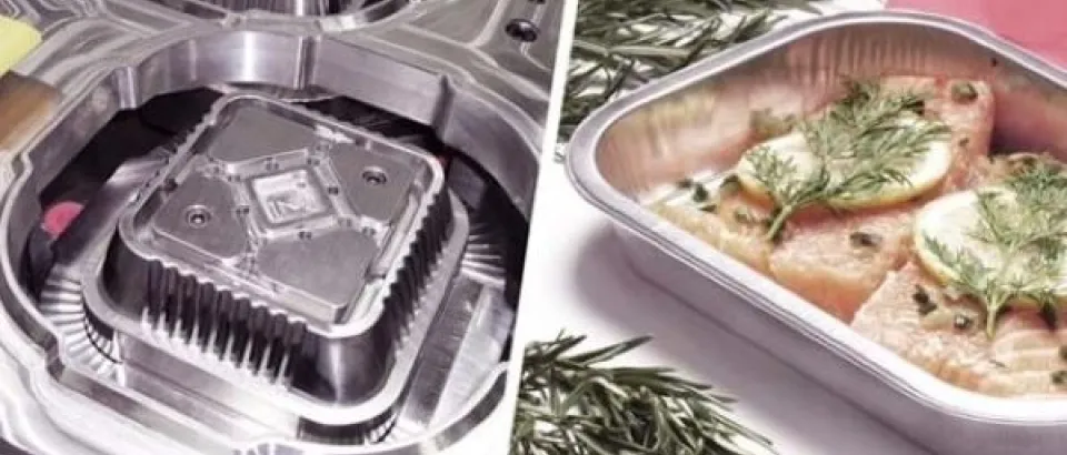 An image of the polishing of aluminium food trays and an aluminium food tray full of food