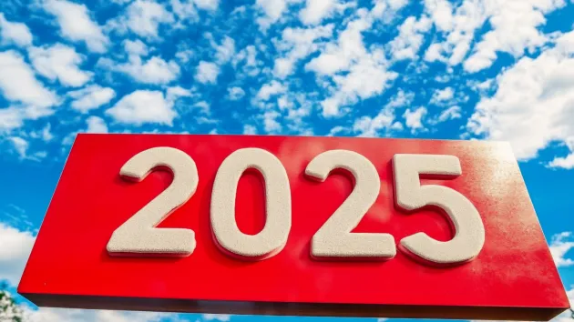 the numbers 2025 in white on red background with blue sky and clouds 