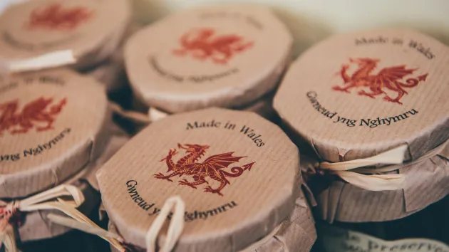 relish jars with made in Wales text and Welsh dragon on labels 