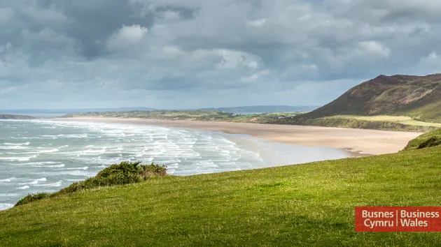 Rhossili Bay and Busnes Cymru / Business Wales logo