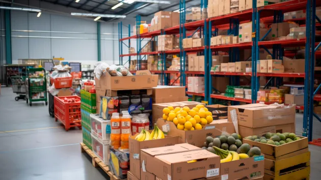 Warehouse with boxes of fruit and vegetables