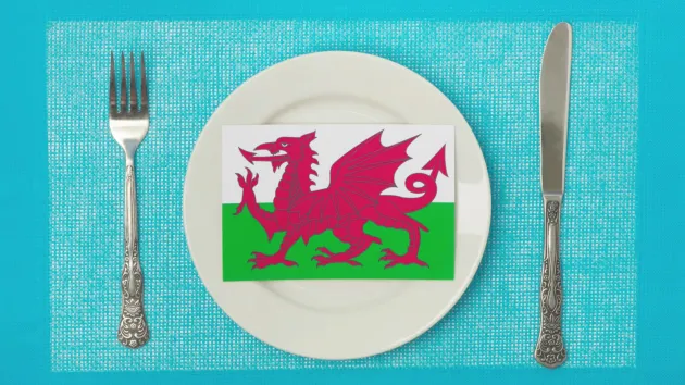 Dinner plate with Welsh flag, knife and fork either side 