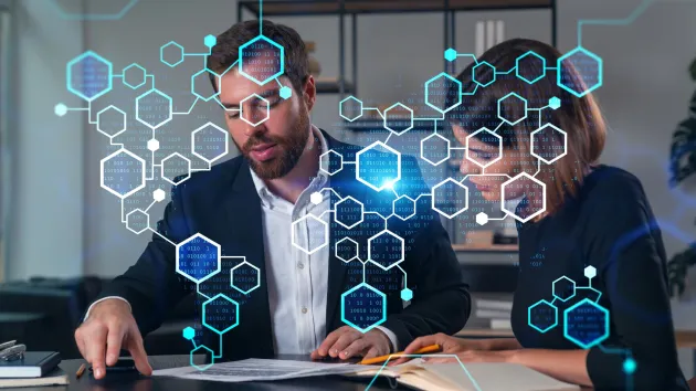 Business colleagues, digital overlay, hexagons 