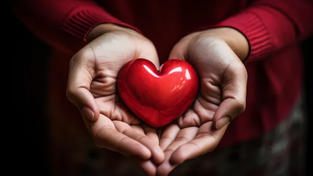 Hands holding a red love heart 