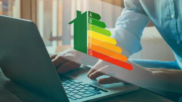 Person using a laptop with a Home Energy Efficiency graph