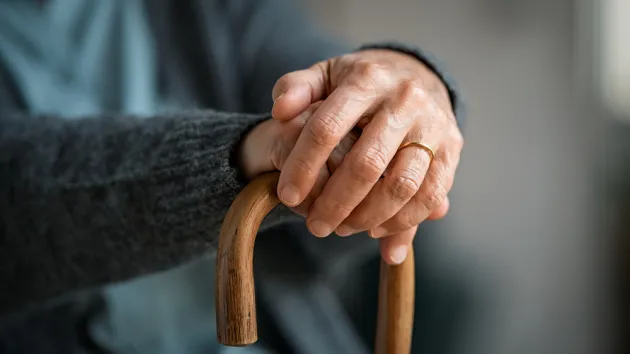 mature woman hands holding handle of walking stick