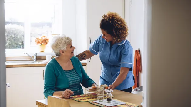 Care worker giving an old lady her dinner in her home.