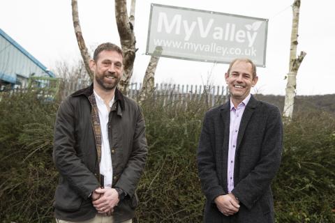 Wayne and Tim standing in front of their My Valley business name on an industrial estate