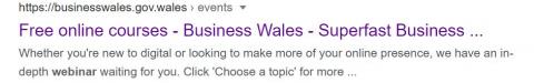 A screenshot of a Google result for Superfast Business Wales.