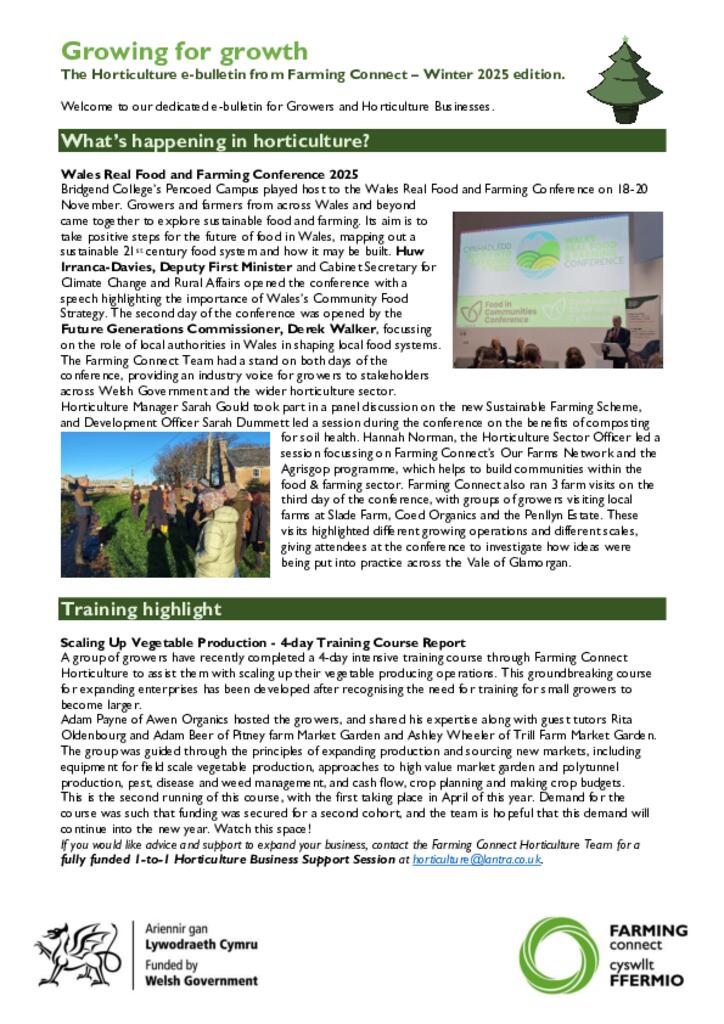The Horticulture e-bulletin from Farming Connect – Winter 2025 edition.
