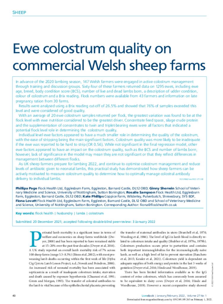 Ewe colostrum quality on commercial Welsh sheep farms