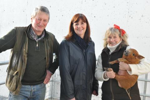 cabinet secretary for energy planning and rural affairs lesley griffiths with hugh and katharine brookes and mangalitza piglet