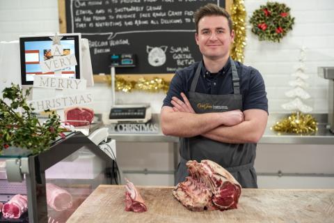 gearing up for the festive season with a christmas rib of welsh black beef and rack of prime welsh lamb fourth generation farmer and butcher shaun hall jones from llanybydder pictured in his butchery busi 0