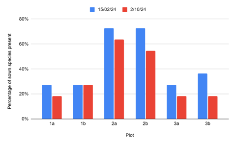 Percentage of sown species present in the pre and post-grazing assessment for the six plots.