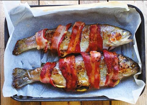 Baked trout with bacon