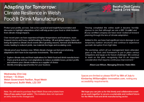 Adapting for Tomorrow: Climate Resilience in Welsh Food & Drink Manufacturing Workshop Invite
