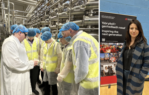 Aled Dafis, Head of Department, Design and Technology, with students from Ysgol Bro Pedr on a site tour of Arla Foods Ingredients, Felinfach. Hana McGreary, Head of Design and Technology, Ysgol Clywedog