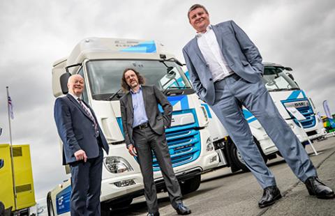 L-R (with new DAF electric vehicle): Simon Griffin, Dealer Principal, DAF dealership Watts Truck & Van Andrew Padmore, Chief Executive, Egnida Geoff Tomlinson, Managing Director, FSEW