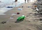 Beach with plastic bottles, cans and rubbish