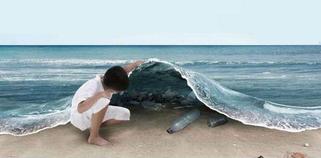 child lifting sea to reveal plastic bottles and other litter