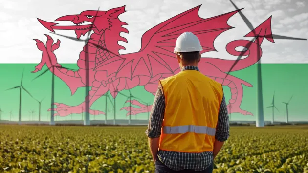 Engineer stood in front of wind turbines and a Welsh flag 