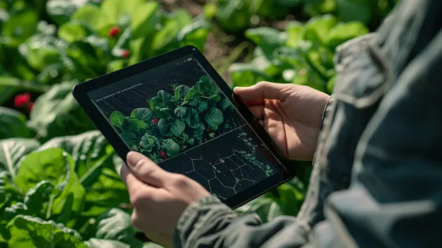 farmer with digital tablet looking at crops 