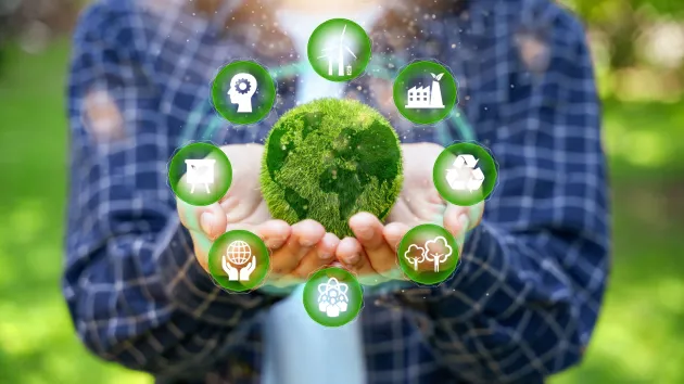 Net Zero concept electric car, wind turbines, solar panels