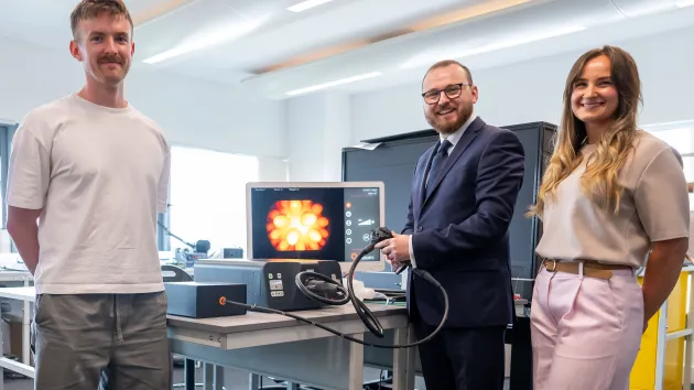 Skills Minister, Jack Sargeant, with IQ Endoscopes staff Becca Loveridge, Senior Engineer and Shaun O'Connell, Engineering Technician.