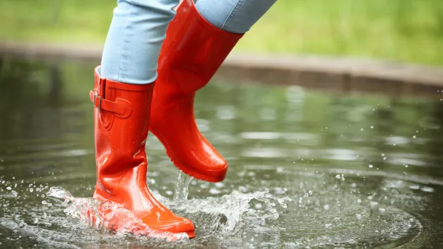 person walking in a puddle wearing wellington boots 