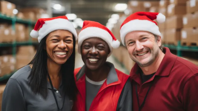 warehouse workers wearing santa hats