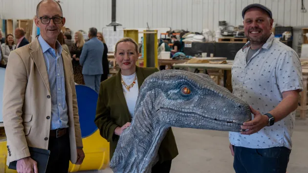 Cabinet Secretary for Economy, Energy and Planning, Rebecca Evans with Owner of Wild Creations, Matt Wild and Business in Focus CEO, Phil Jones