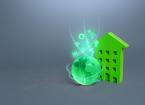 Green multi-storey residential building and globe with environmental symbols